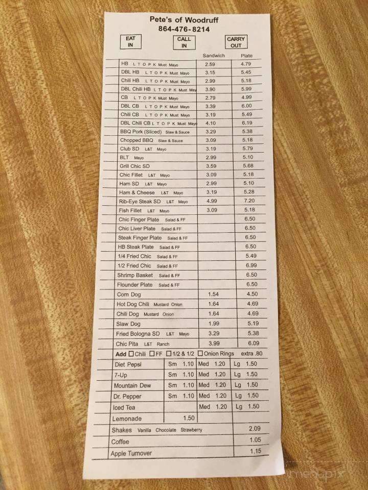 Pete's Drive-In - Woodruff, SC menu_pic