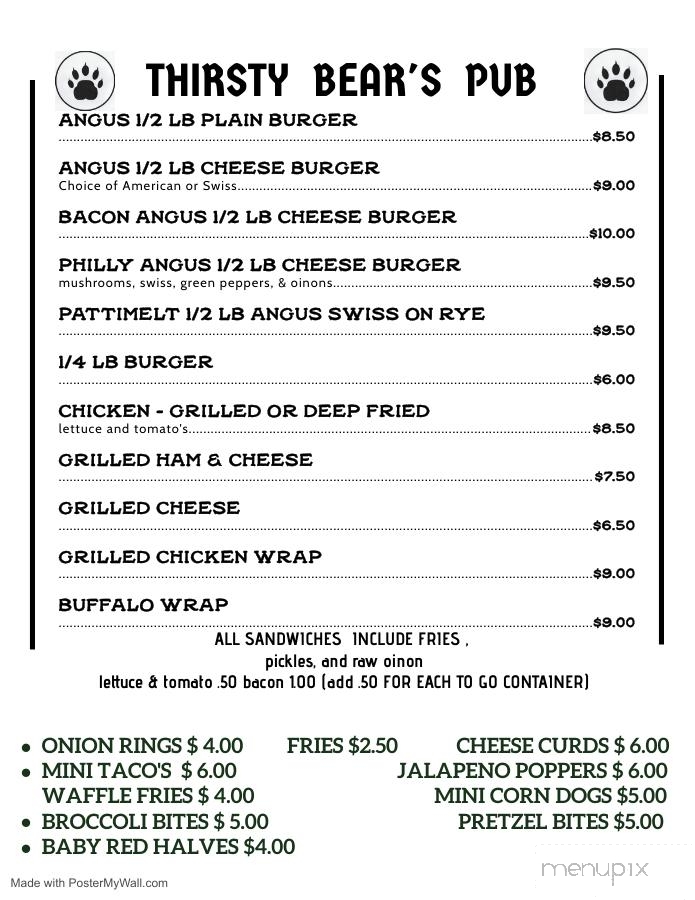Thirsty Bear's Pub - Black Creek, WI menu_pic