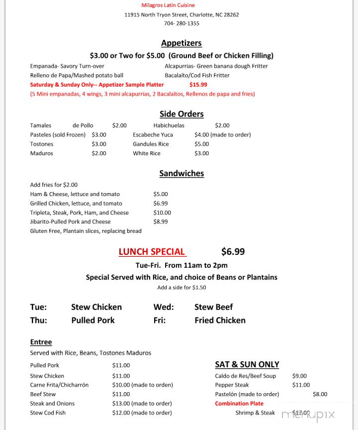 Milagro's Latin Cuisine - Charlotte, NC menu_pic