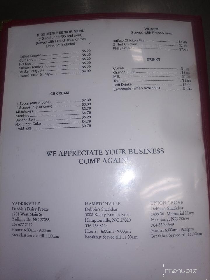 Debbie's Dairy Freeze - Yadkinville, NC menu_pic