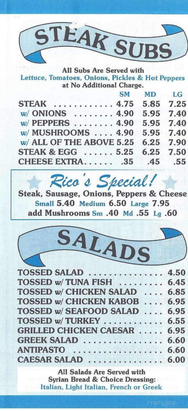 Rico's Subs & Pizza - North Attleboro, MA menu_pic