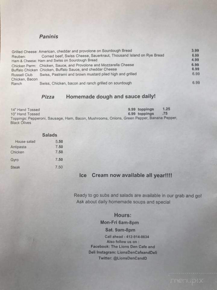 Lions Den Cafe And Deli - Cuddy, PA menu_pic