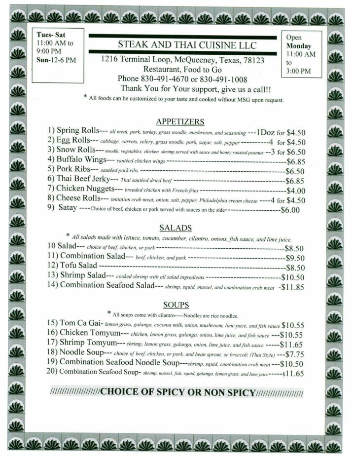 Lake Mc Queeney Thai Cuisine - McQueeney, TX menu_pic