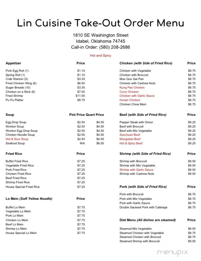 Lin Cuisine - Idabel, OK menu_pic