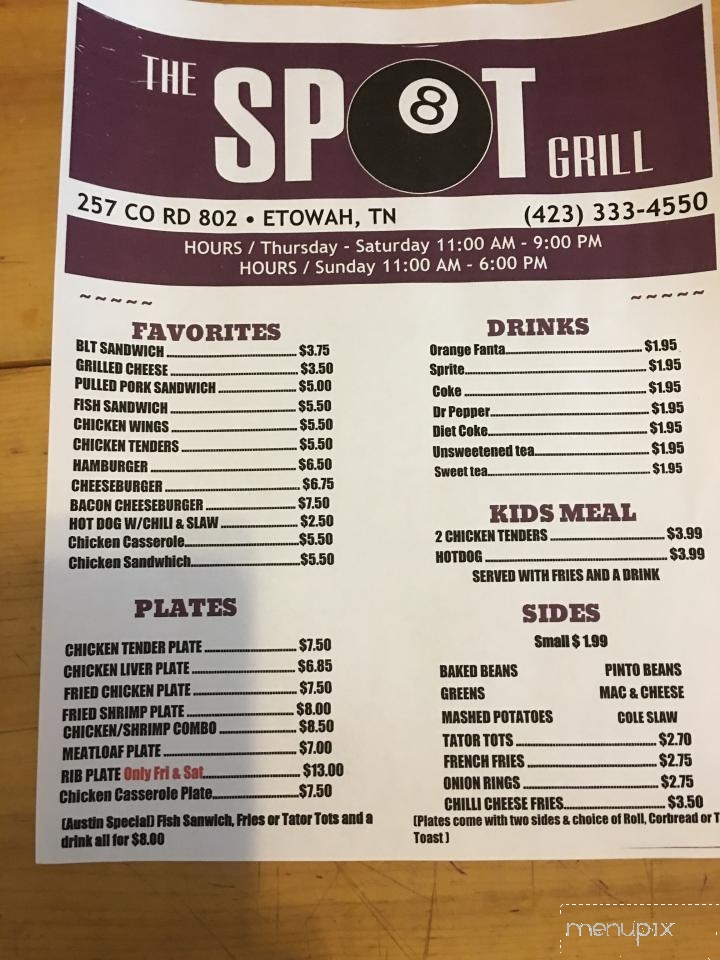 The Spot Pool & Grill Restaurant - Etowah, TN menu_pic