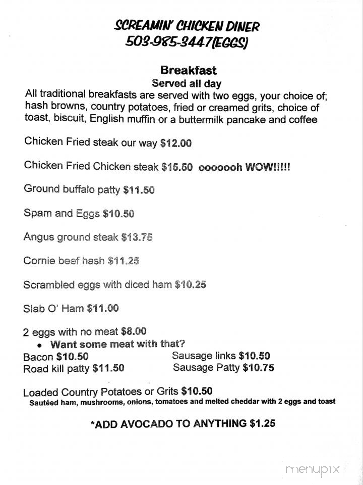 Screamin Chicken Diner - Gaston, OR menu_pic