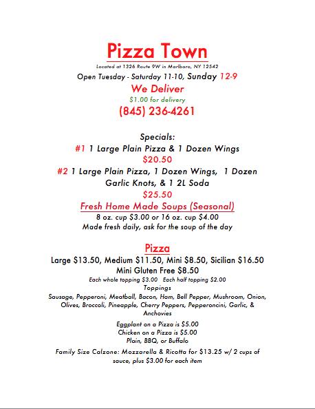 Menu of Pizza Town in Marlboro, NY 12542
