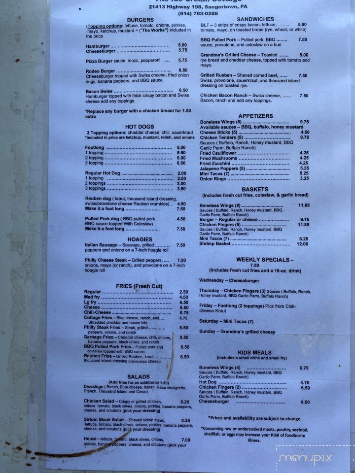 Ice Cream Cottage - Saegertown, PA menu_pic