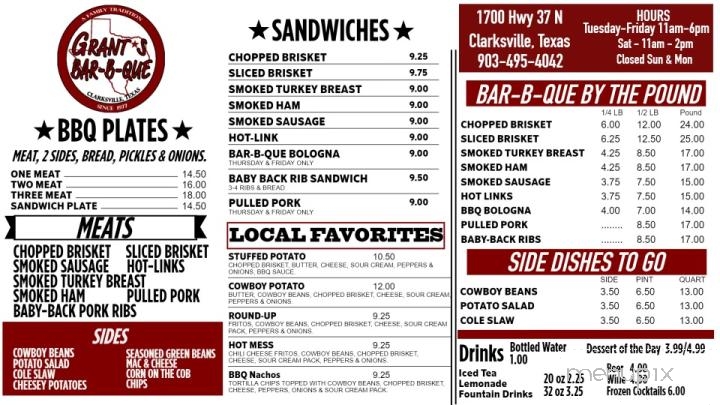 Grant's Bar-B-Que - Clarksville, TX menu_pic