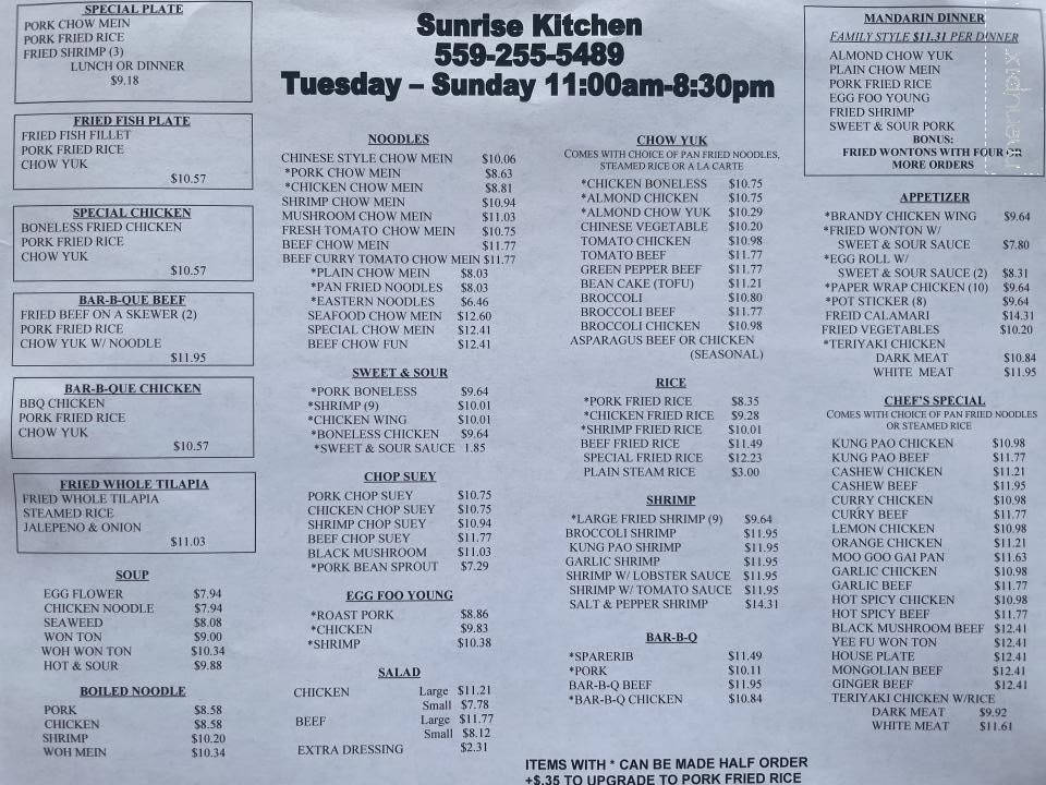 Menu of Sunrise Kitchen in Fresno, CA 93727