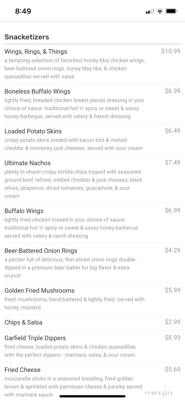 Garfields Restaurant & Pub - Reidsville, NC menu_pic