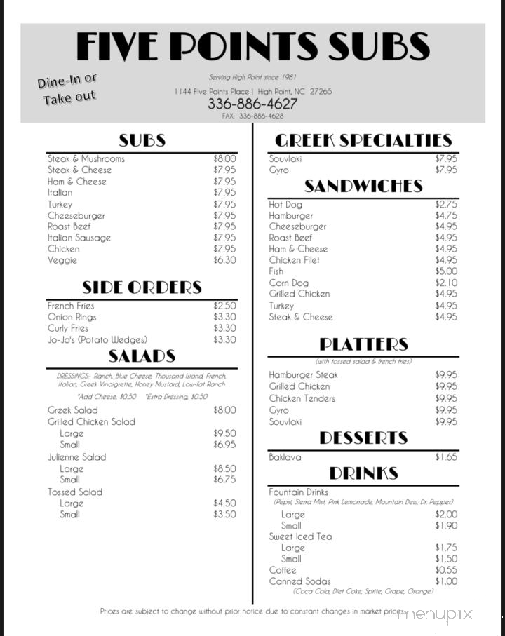 Five Points Sub's - High Point, NC menu_pic