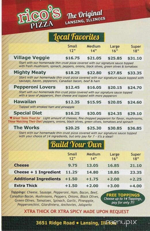 Rico's Pizza - Lansing, IL menu_pic