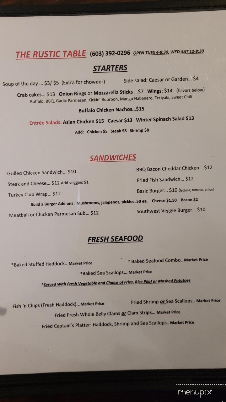 The Rustic Table - Winchester, NH menu_pic