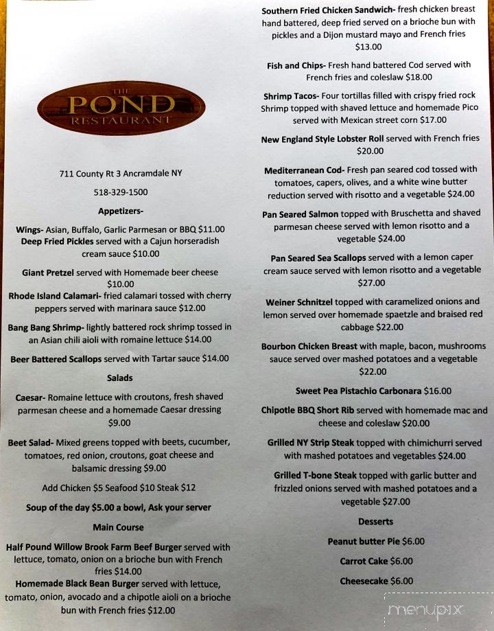 Pond Restaurant - Ancramdale, NY menu_pic