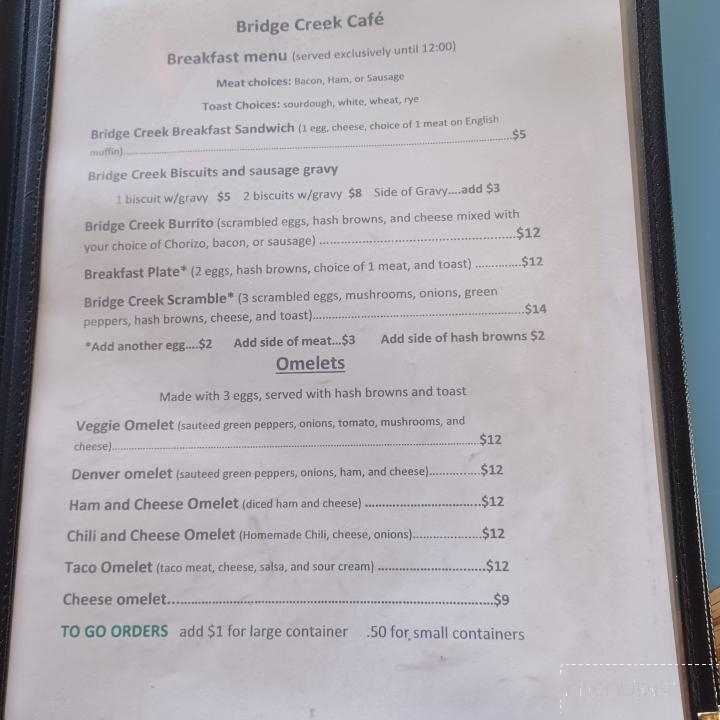 Bridge Creek Cafe - Mitchell, OR menu_pic