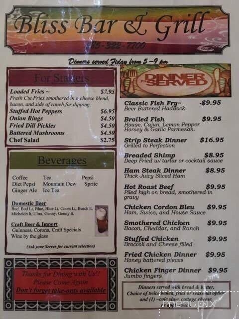 Bliss Bar and Grill - Bliss, NY menu_pic