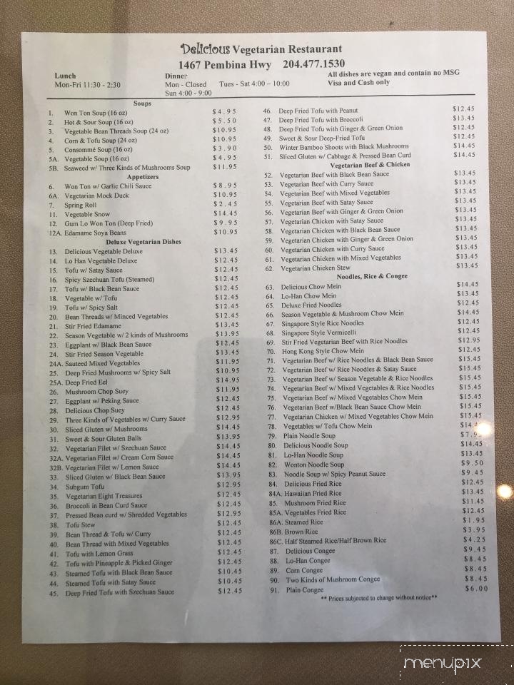 Delicious Vegetarian Restaurant - Winnipeg, MB menu_pic