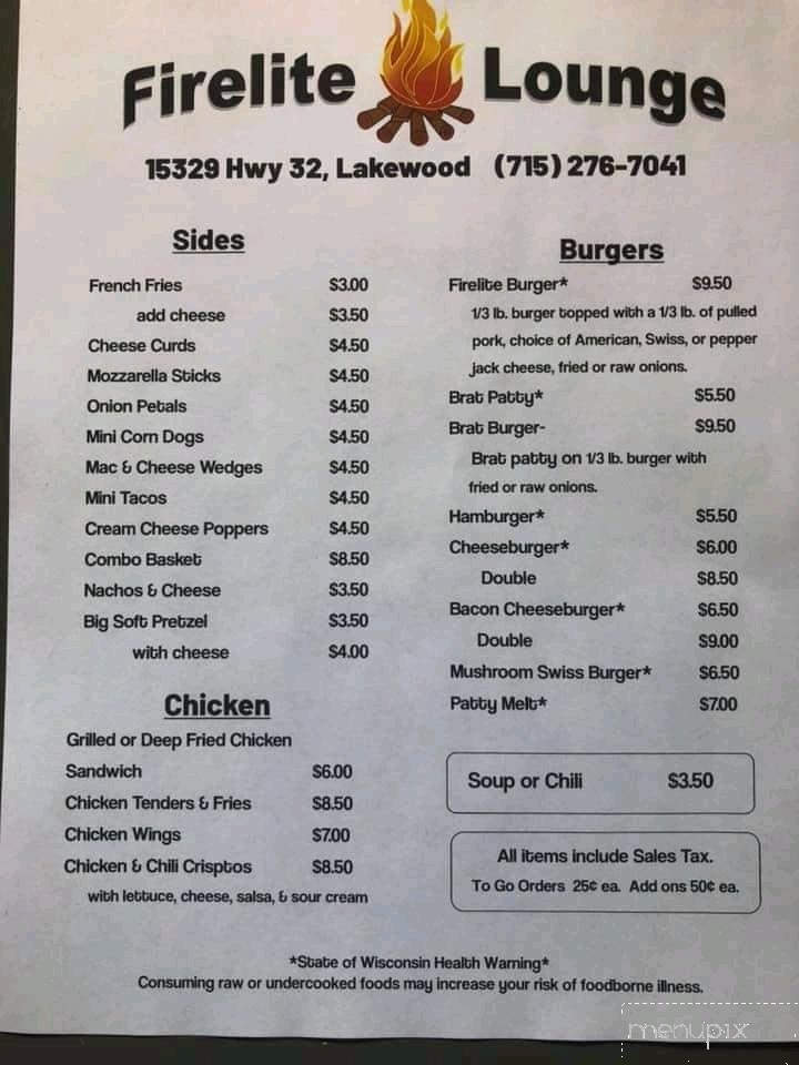 Firelite Lounge - Lakewood, WI menu_pic