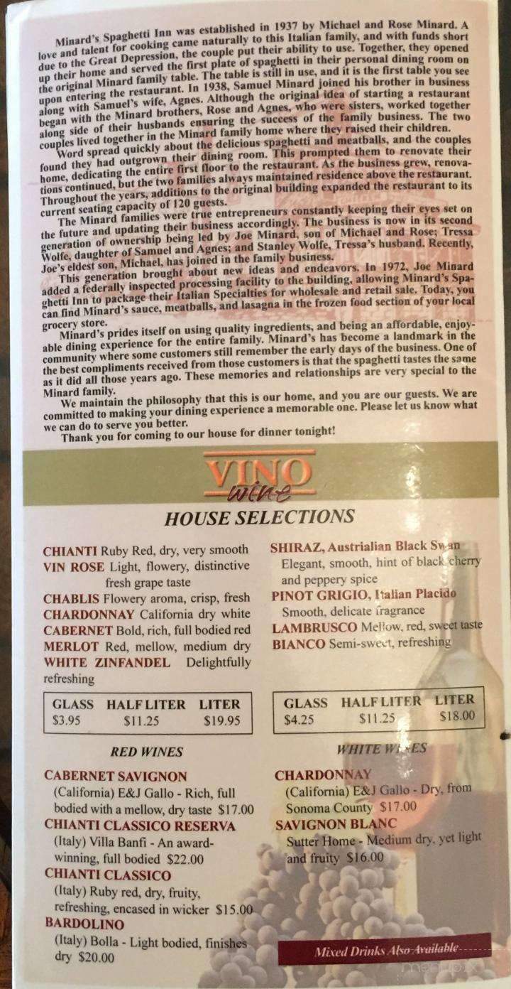 Minard's Spaghetti Inn - Clarksburg, WV menu_pic