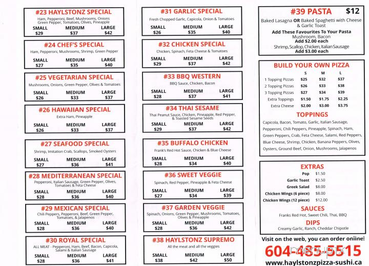 Haylstonz Pizza & Sushi - Powell River, BC menu_pic
