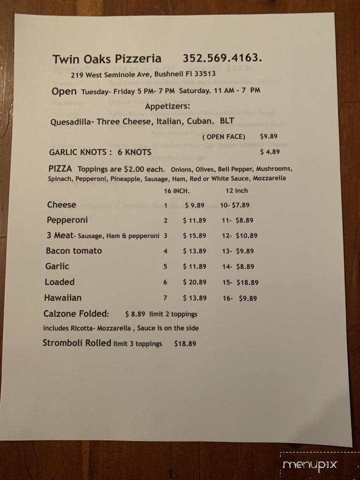 Twin Oaks Pizzeria & Deli - Bushnell, FL menu_pic