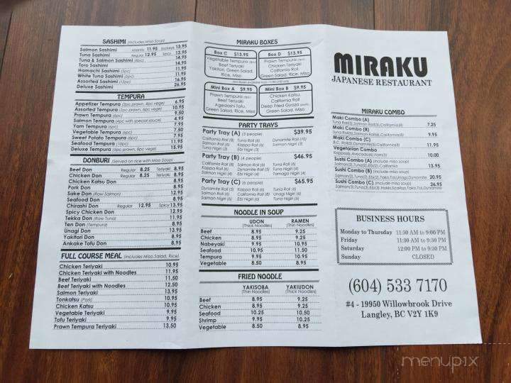 Miraku Japanese Restaurant - Langley, BC menu_pic