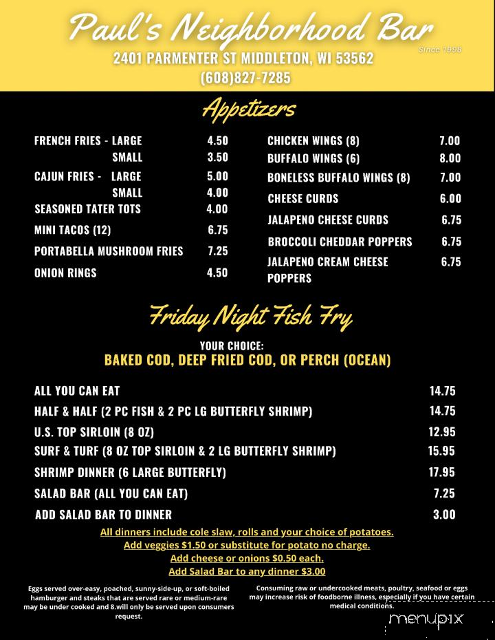 Paul's Neighborhood Bar - Middleton, WI menu_pic