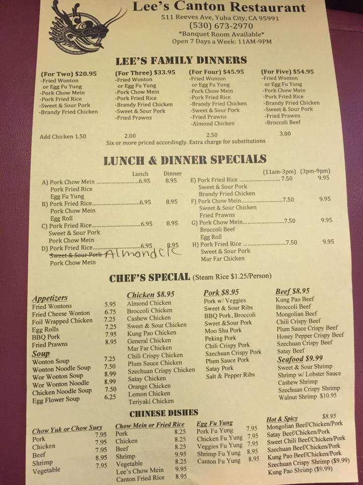 Online Menu Of Lee S Canton Restaurant Yuba City Ca