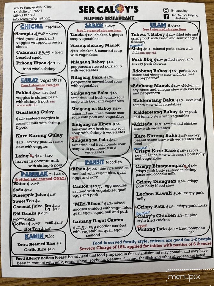 Ser Caloy's - Killeen, TX menu_pic