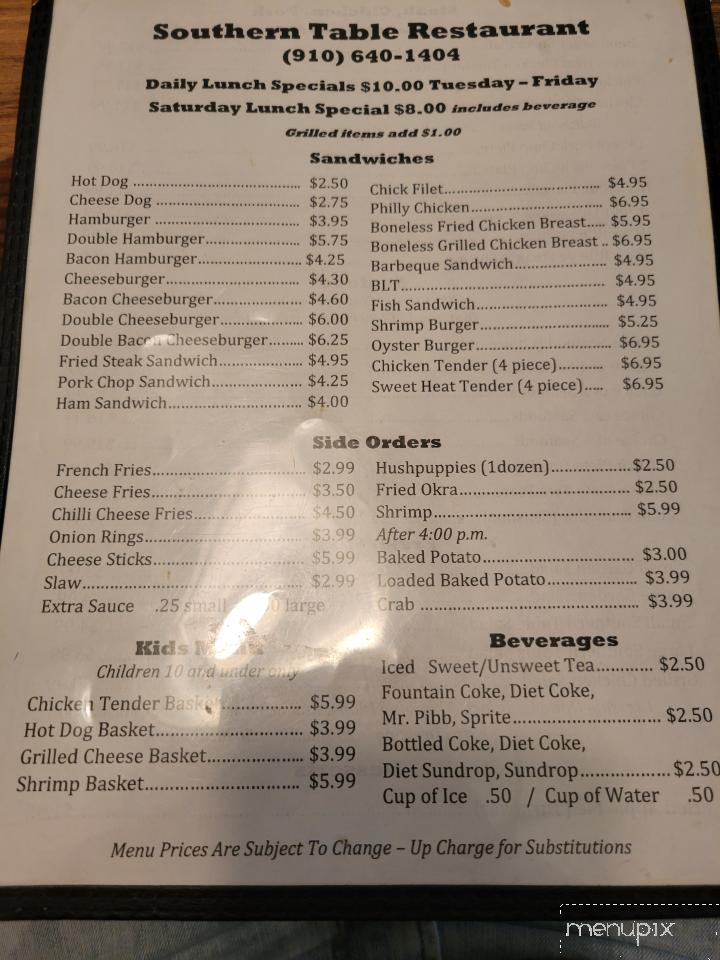 Southern Table Restaurant - Nakina, NC menu_pic