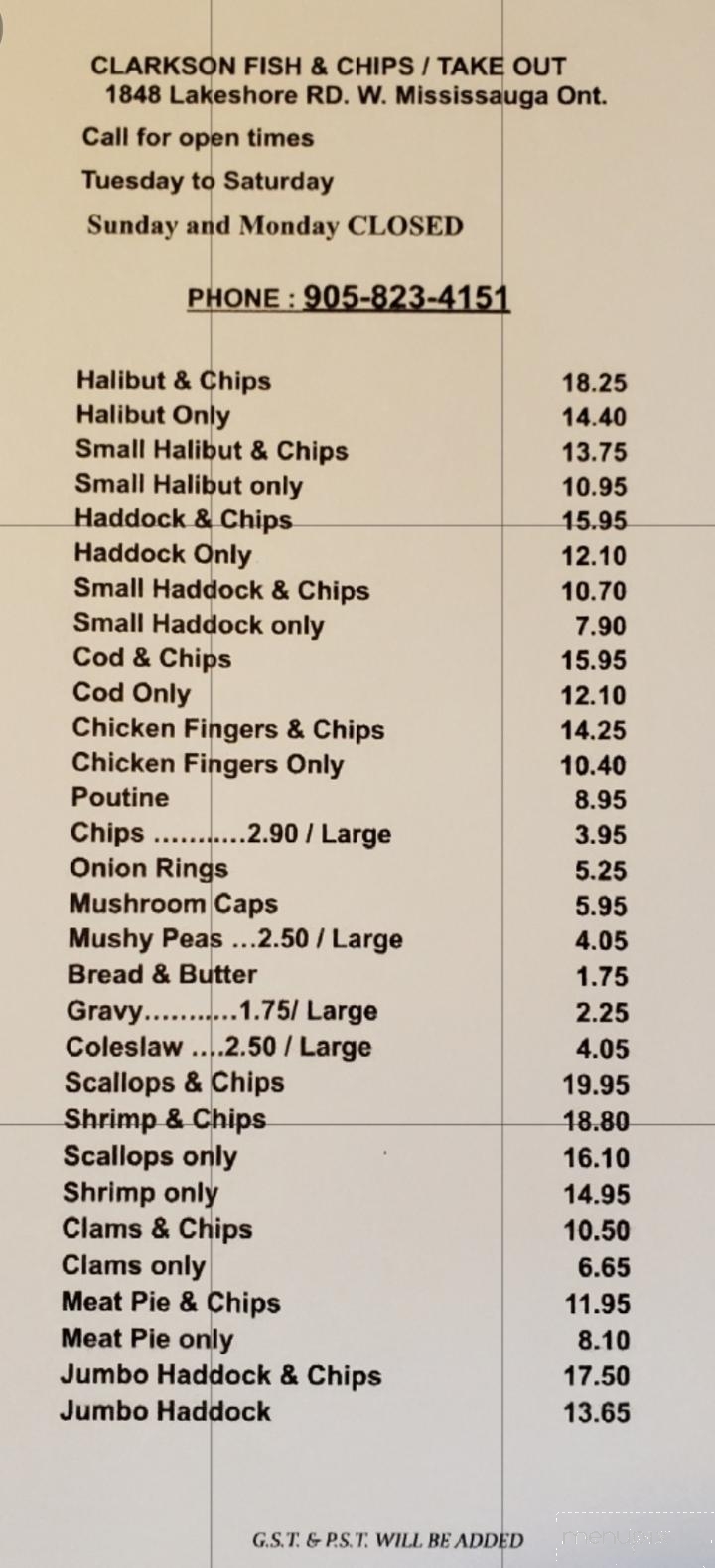 Clarkson Fish & Chips - Mississauga, ON menu_pic