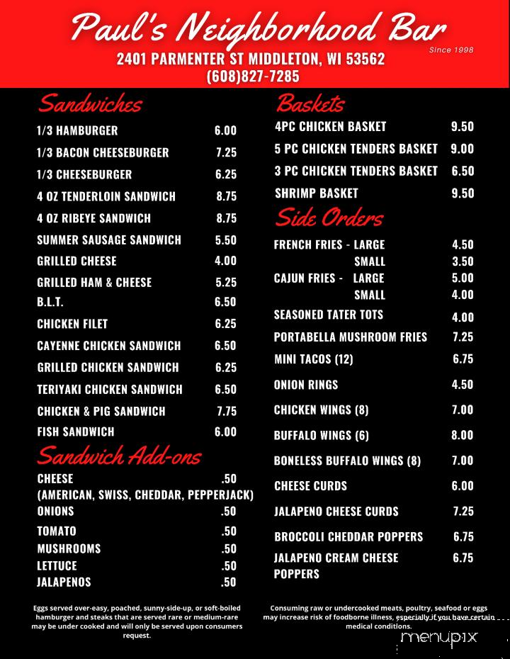 Paul's Neighborhood Bar - Middleton, WI menu_pic
