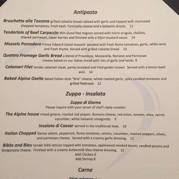 Alpine Ristorante - Snowshoe, WV menu_pic