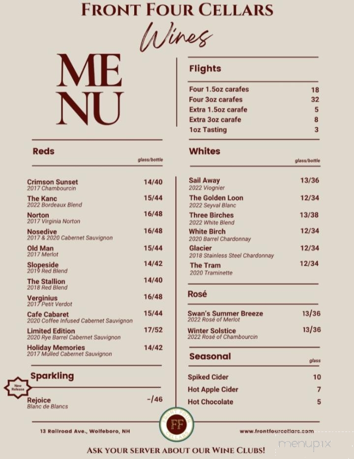 Front Four Cellars - Wolfeboro, NH menu_pic