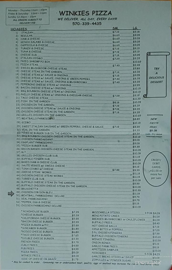 Winkie's Pizza - Mount Carmel, PA menu_pic