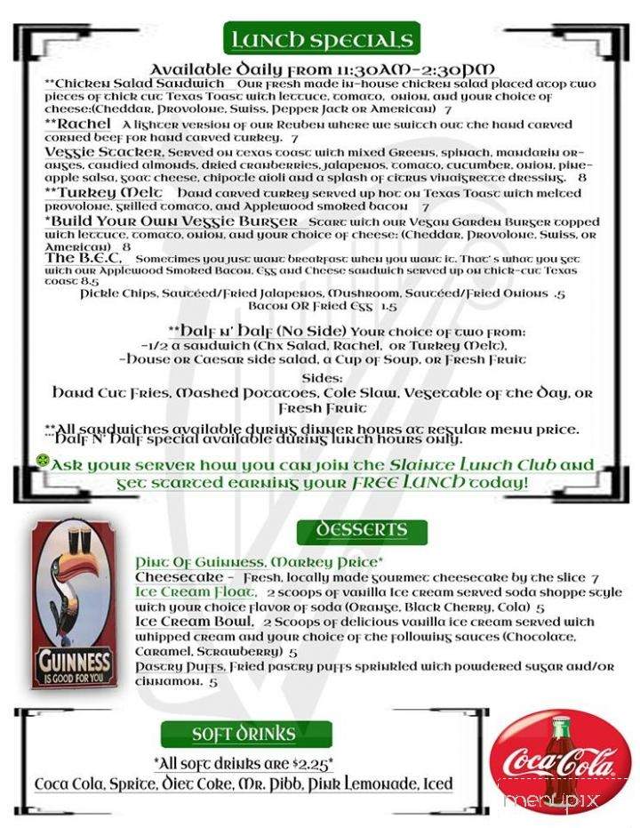 Slainte Irish Pub Monkey Junction - Wilmington, NC menu_pic