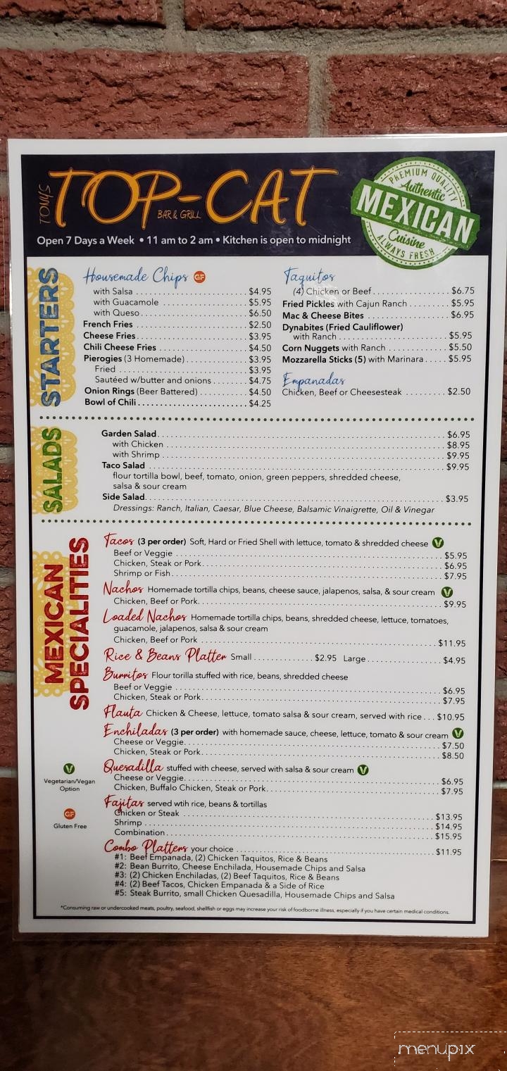 Tony's Top Cat Bar & Grill - Catasauqua, PA menu_pic