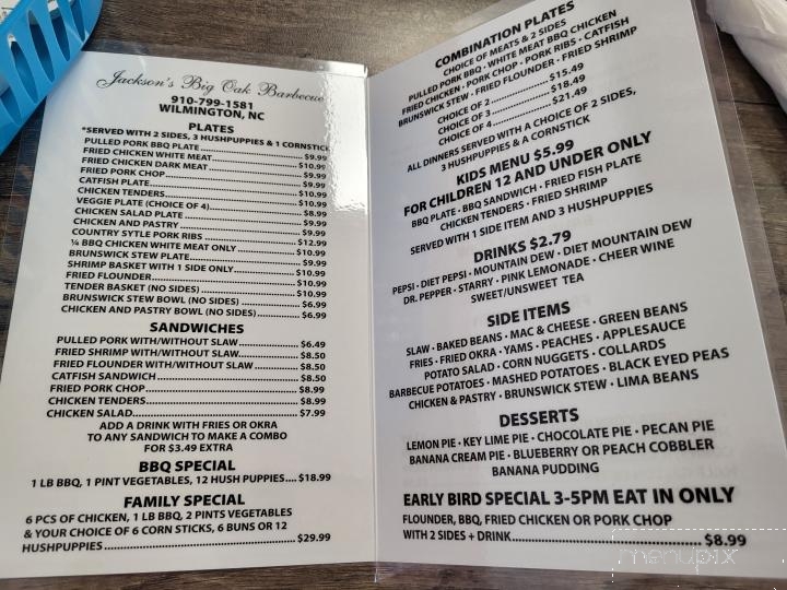 Jackson's Big Oak Barbecue - Wilmington, NC menu_pic