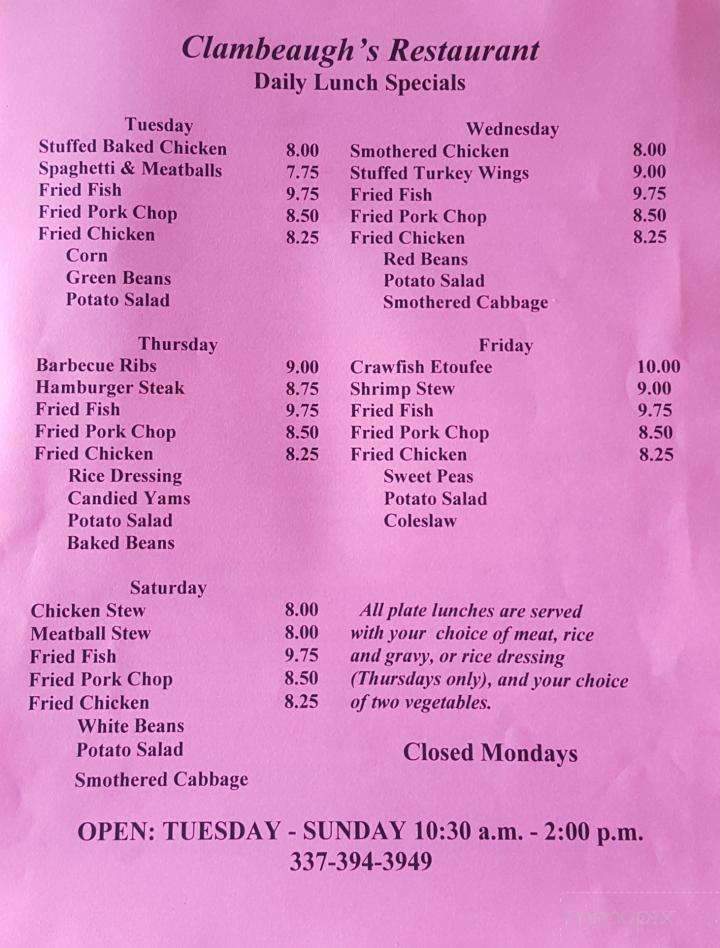 Clambeaugh's - Saint Martinville, LA menu_pic