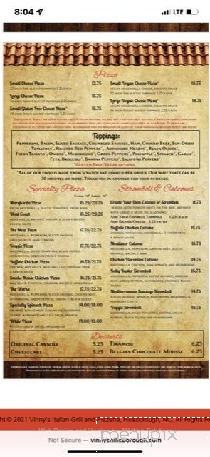 Vinny's Italian Grill & Pizzeria - Hillsborough, NC menu_pic