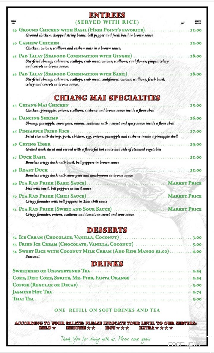 Thai Chiang Mai Restaurant - Greensboro, NC menu_pic