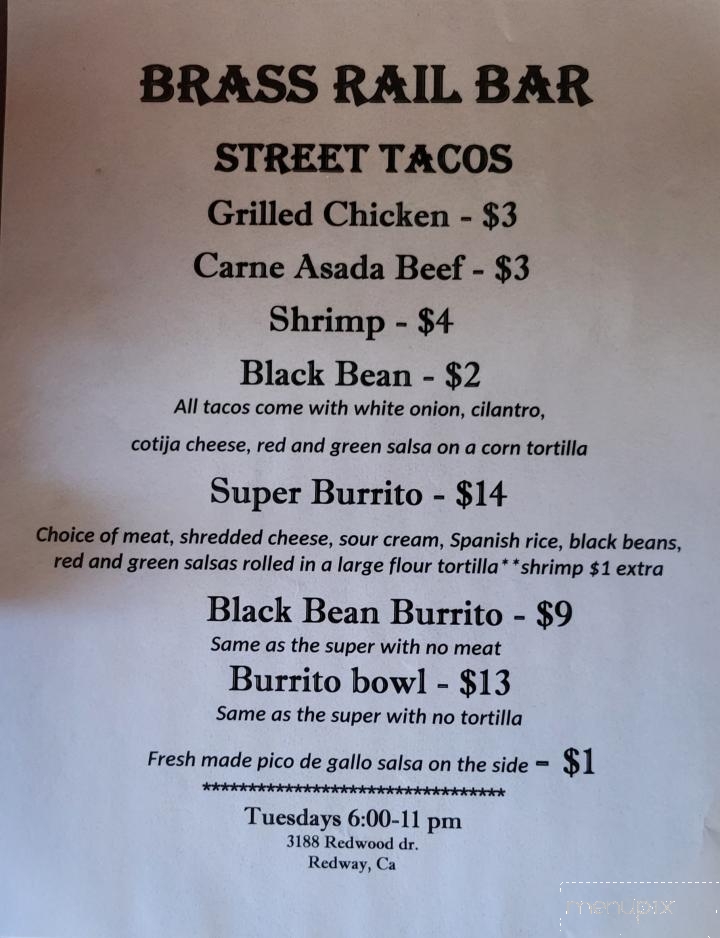 Brass Rail Bar and Grill - Redway, CA menu_pic
