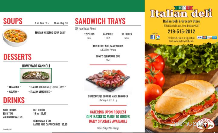 Tony's Italian Deli - Dyer, IN menu_pic