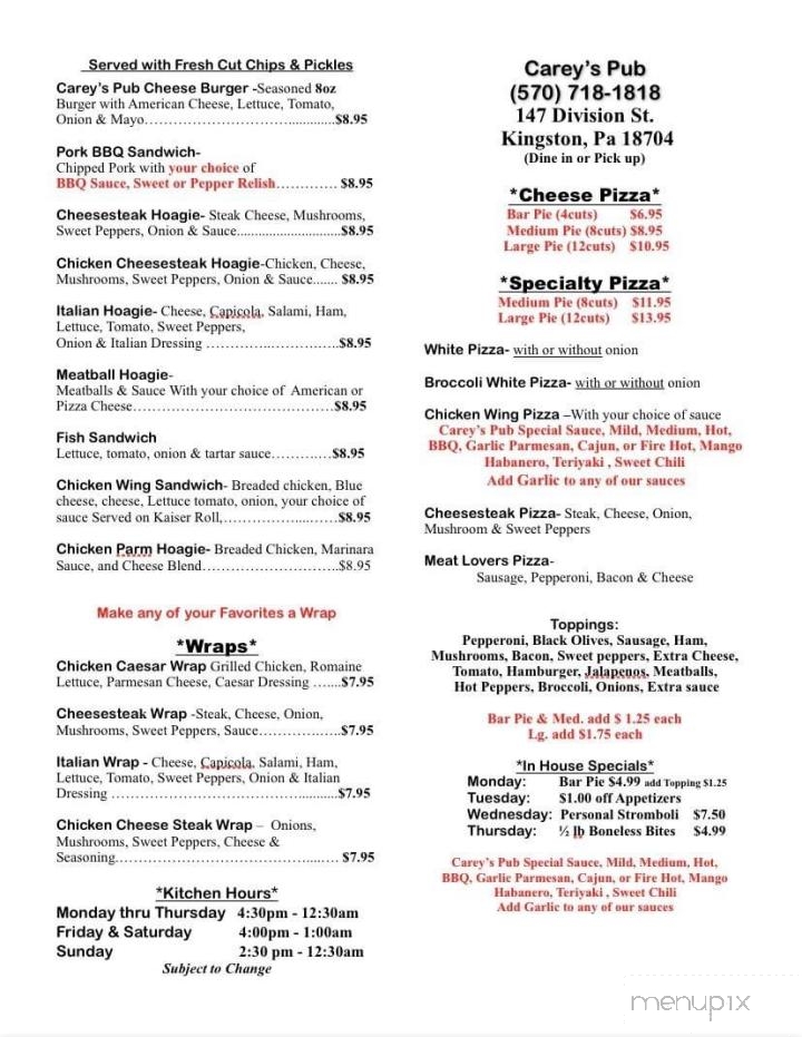 Carey's Pub - Kingston, PA menu_pic