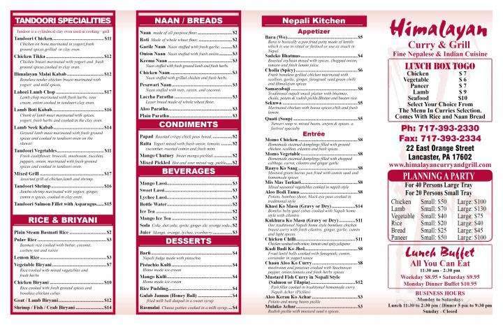 Himalayan Curry and Grill - Lancaster, PA menu_pic