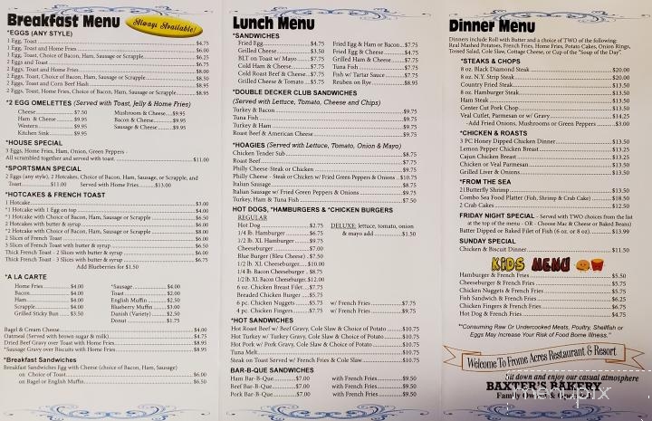 Frome Acres Resort and Baxters Bakery - Wellsboro, PA menu_pic