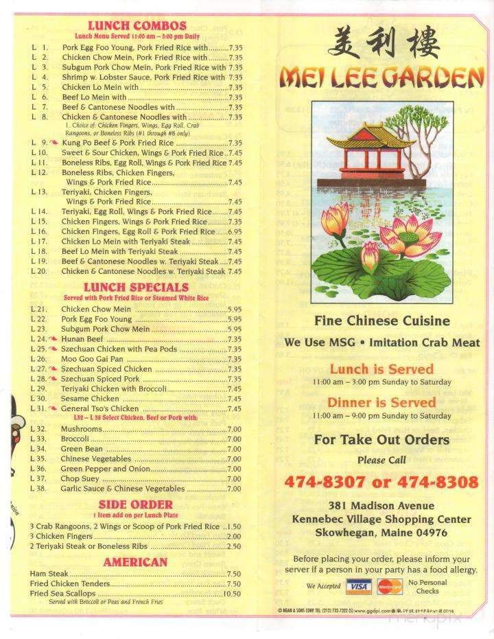 Menu Of Mei Lee Garden In Skowhegan Me 04976