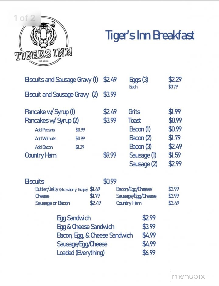 Tiger's Inn - Valley Head, AL menu_pic