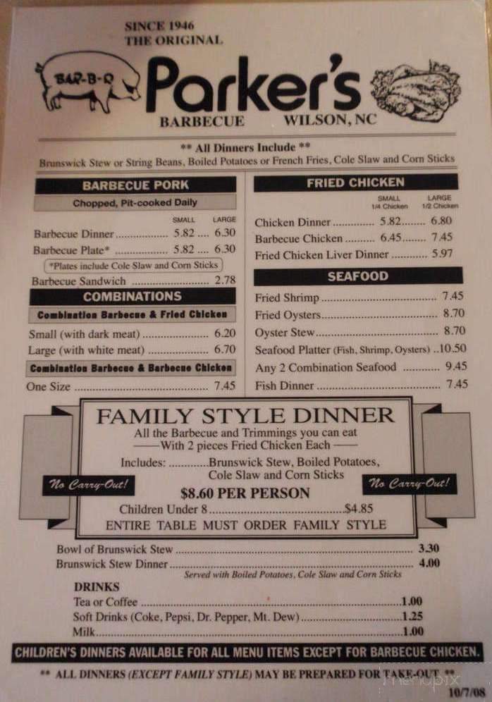 Parker's Barbecue - Wilson, NC menu_pic